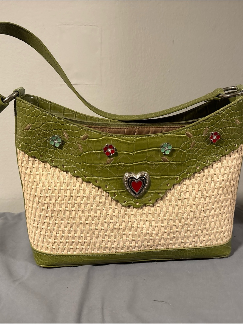 Green & Cream Woven Shoulder Bag with Heart Accent
